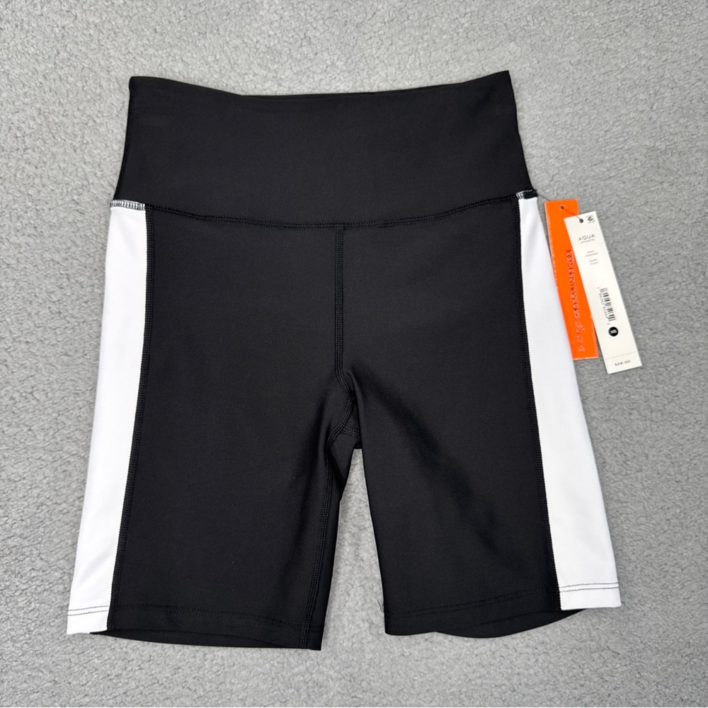 AQUA Athletic High Rise Multi Contrast Bike Shorts Women's XS Black/White PullOn